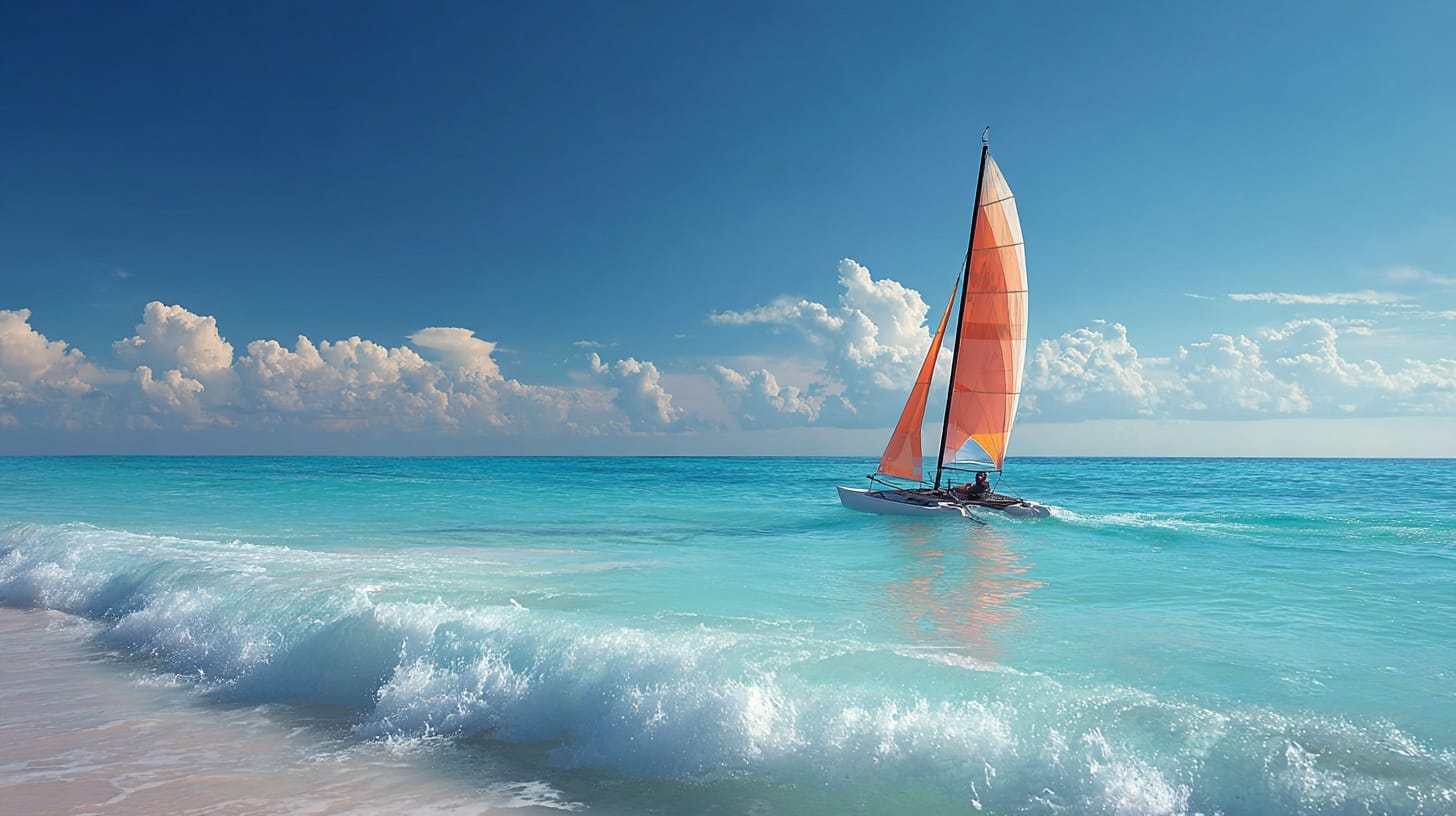 Sailboat with orange sails on turquoise sea under blue sky with clouds.
